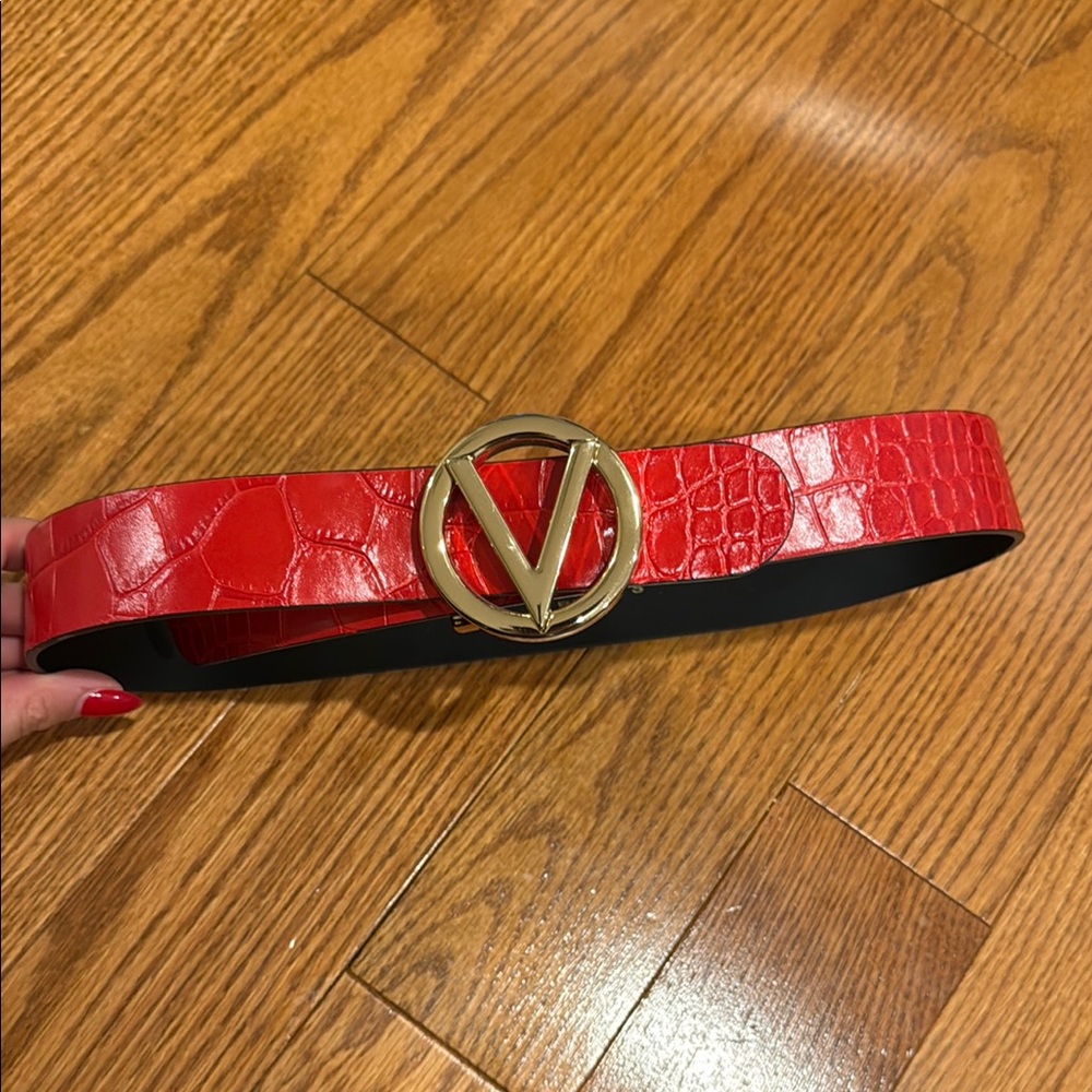 Valentino Red and Gold Leather Belt with Decorative Buckle